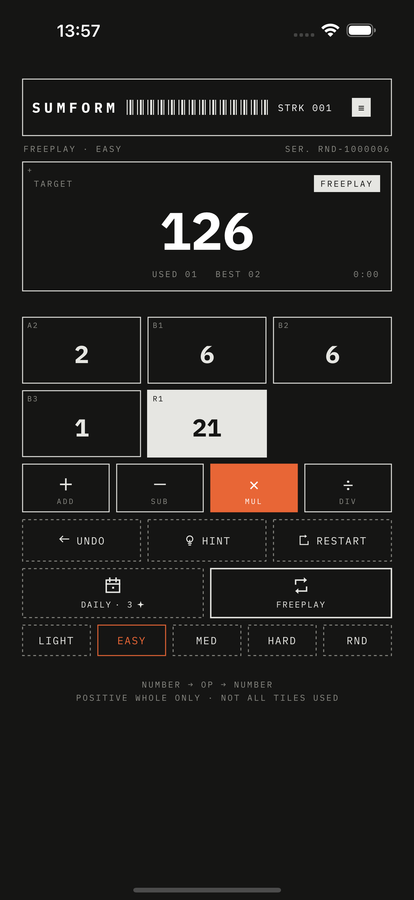 Sumform Freeplay in dark mode with target 126 after creating a result tile of 21