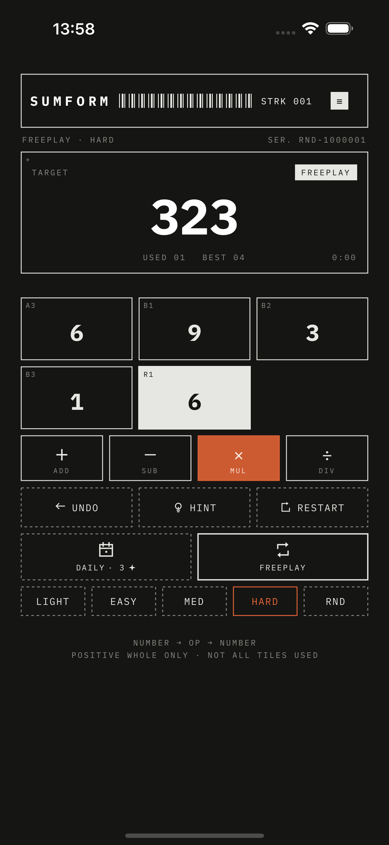 Sumform Freeplay in dark mode with target 323 during a Hard puzzle