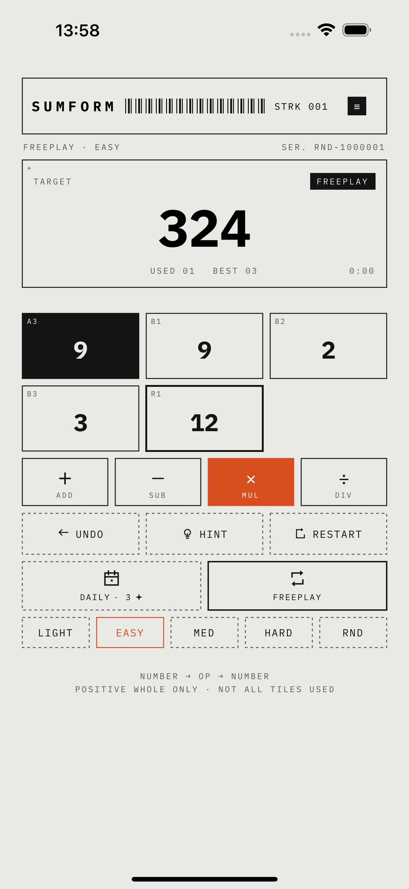 Sumform Freeplay in light mode with target 324 during an Easy puzzle